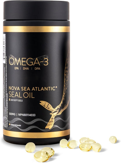 Nova Sea Atlantic® 出品，易于吞咽的竖琴海豹油 Omega 3 6 9 | 加拿大制造 | 富含 EPA、DHA 和 DPA，有益健康 | 不含化学物质，非转基因 | 500 毫克 - 240 粒软胶囊
