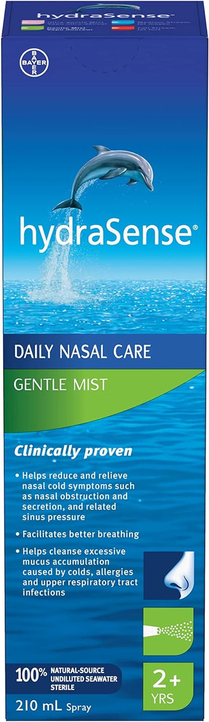 hydraSense 温和喷雾鼻腔喷雾，日常鼻腔护理，100% 天然海水，不含防腐剂，210 毫升