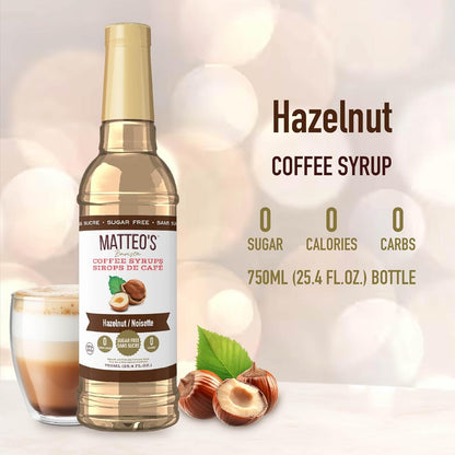 Matteo's Barista 风格无糖咖啡糖浆 - 零卡路里生酮友好型咖啡糖浆和调味料 - 美国制造犹太洁食无糖咖啡调味糖浆，适合家庭和工作（榛子味，25.4 盎司，1 包）