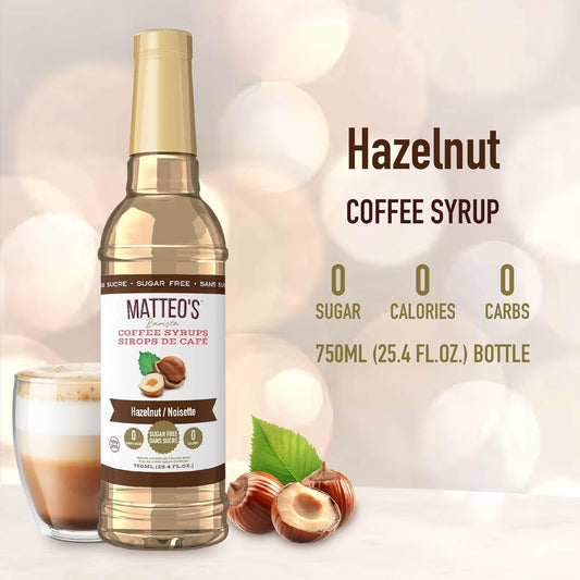 Matteo's Barista 风格无糖咖啡糖浆 - 零卡路里生酮友好型咖啡糖浆和调味料 - 美国制造犹太洁食无糖咖啡调味糖浆，适合家庭和工作（榛子味，25.4 盎司，1 包）