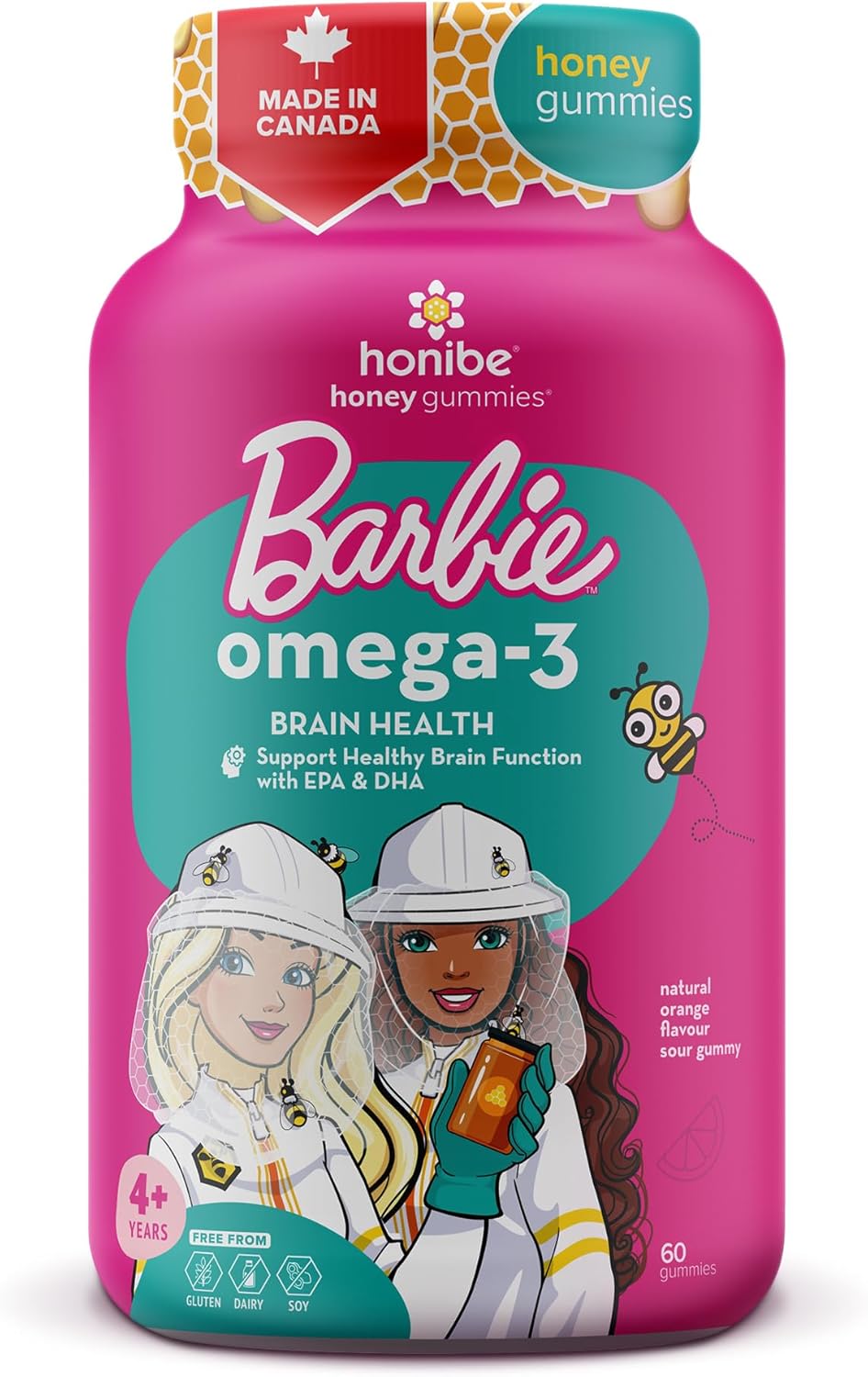 Honibe 芭比娃娃 Omega 3 軟糖，適合兒童和成人，加拿大製造，脂肪酸支持大腦健康，Omega-3 EPA 和 DHA 的可靠來源，可持續來源的魚油，無魚腥味，60 粒軟糖