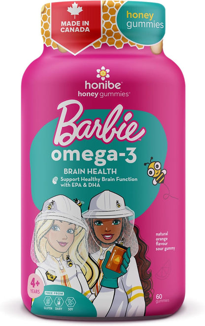 Honibe 芭比娃娃 Omega 3 軟糖，適合兒童和成人，加拿大製造，脂肪酸支持大腦健康，Omega-3 EPA 和 DHA 的可靠來源，可持續來源的魚油，無魚腥味，60 粒軟糖