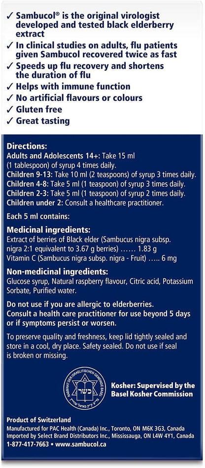 Sambucol Black Elderberry Anti-Viral Flu Care | Quickly Relieves Cold & Flu Symptoms | Immune Support & Antioxidant | Ideal for Families | Syrup, 230 mL, blue