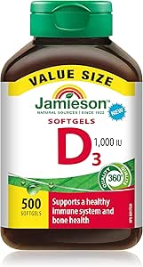 Jamieson 維生素 D3 1,000 IU 軟膠囊，易吞嚥，支持免疫健康，強化骨骼和牙齒，增強鈣和磷的吸收。非基因改造，無麩質，每日一粒，500 粒，加拿大製造