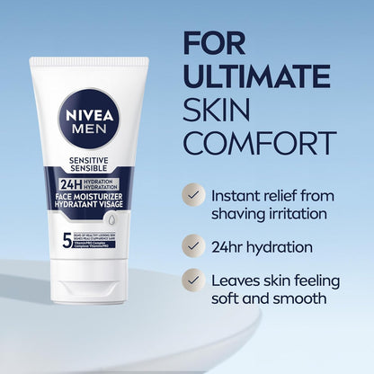 NIVEA MEN Sensitive Face Moisturizer, Men's Face Cream with Chamomile and Vitamin E, No Drying Alcohol, Dermatologically-Tested Skin Care, 75mL