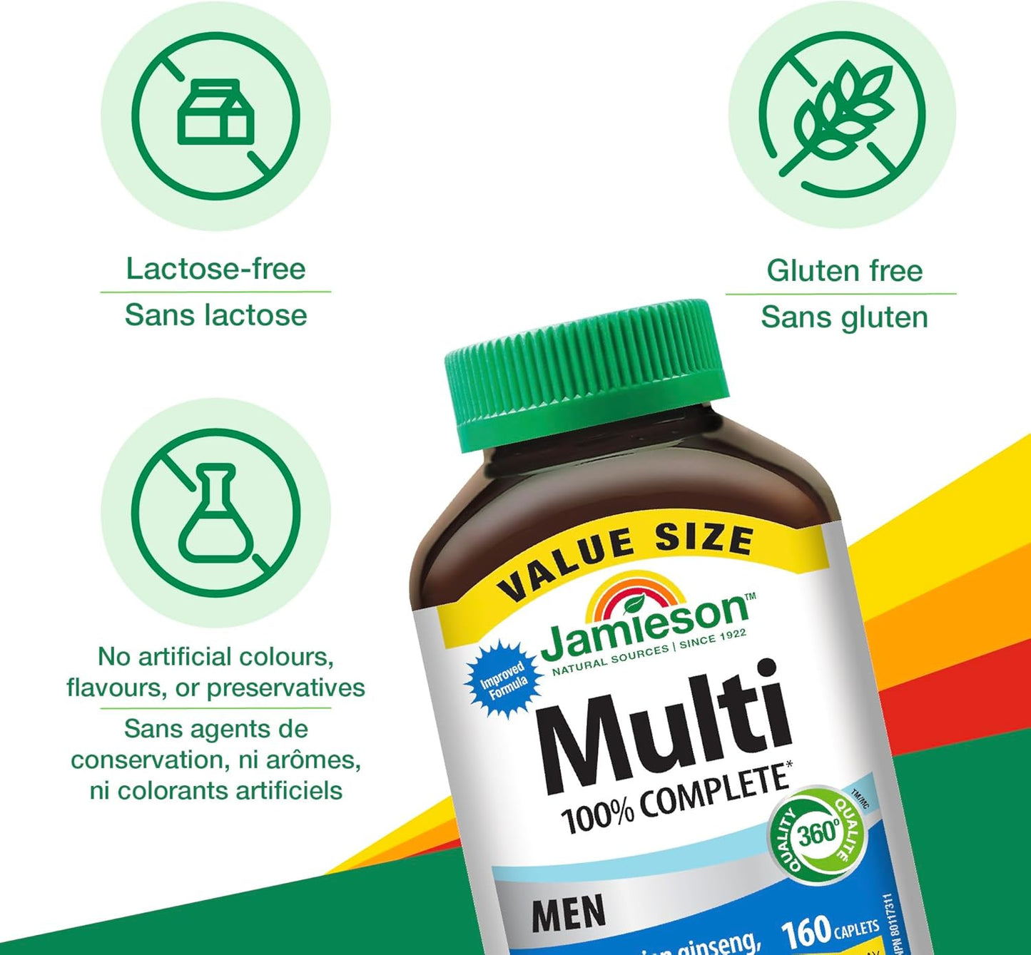 Jamieson 100% 男士複合維生素，含西伯利亞人參、番茄紅素和硒。支持眼部健康、提升能量、增強免疫力和日常健康，無麩質，每日一片，160 粒膠囊