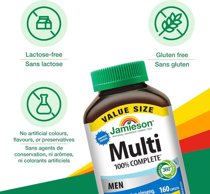 Jamieson 100% 男士複合維生素，含西伯利亞人參、番茄紅素和硒。支持眼部健康、提升能量、增強免疫力和日常健康，無麩質，每日一片，160 粒膠囊