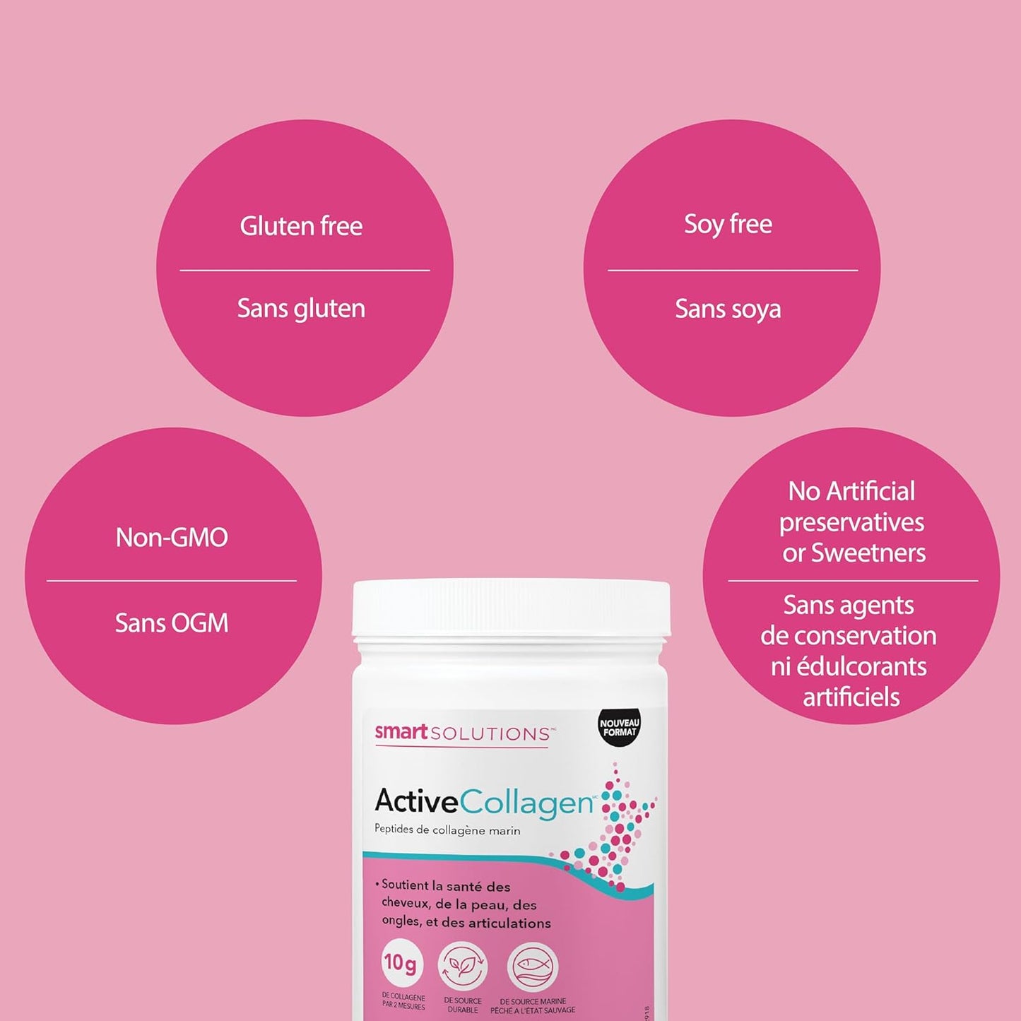 Smart Solutions 活性膠原蛋白粉，有機覆盆子口味，含水解野生魚膠原蛋白，支持健康的頭髮、皮膚、指甲和關節，220 克