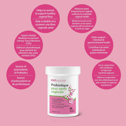 Smart Solutions Vaginal Health Probiotic 5 Billion CFU with 271 mg Cranberry, Helps to Restore and Support Healthy Vaginal Flora, and Intestinal Health, 30 Vegetarian Capsules