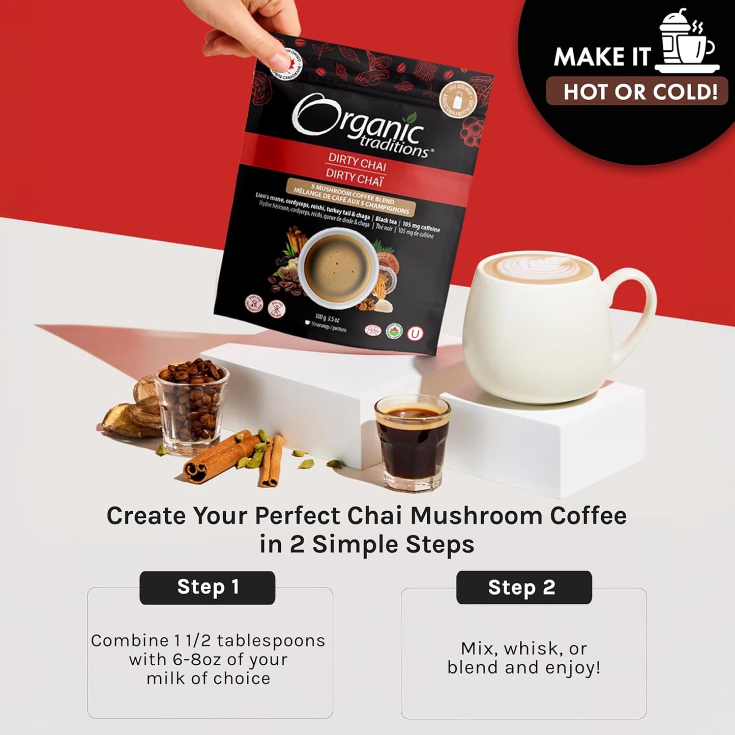 Organic Traditions Dirty Chai Mushroom Coffee, Made in Canada, Instant 5-Blend Mushroom Coffee Organic Adaptogen Latte Made with Chaga, Cordyceps, Reishi, Lion's Mane and Turkey Tail, 100g/3.5oz Bag.