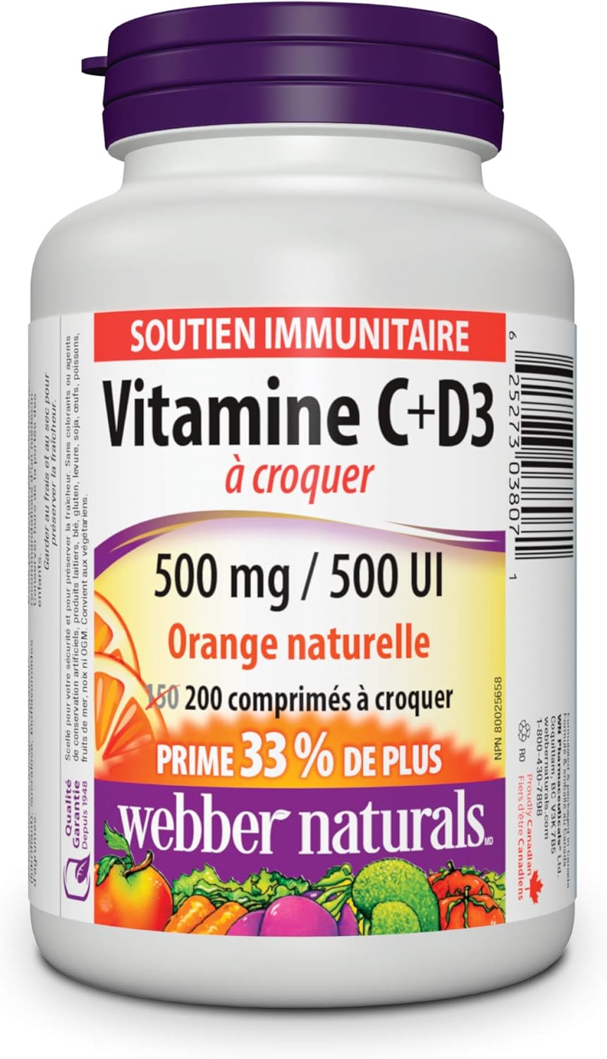 Webber Naturals 维生素 C 加 D3 咀嚼片，每片橙味含 500 毫克维生素 C 和 500 国际单位维生素 D，200 片，支持免疫健康