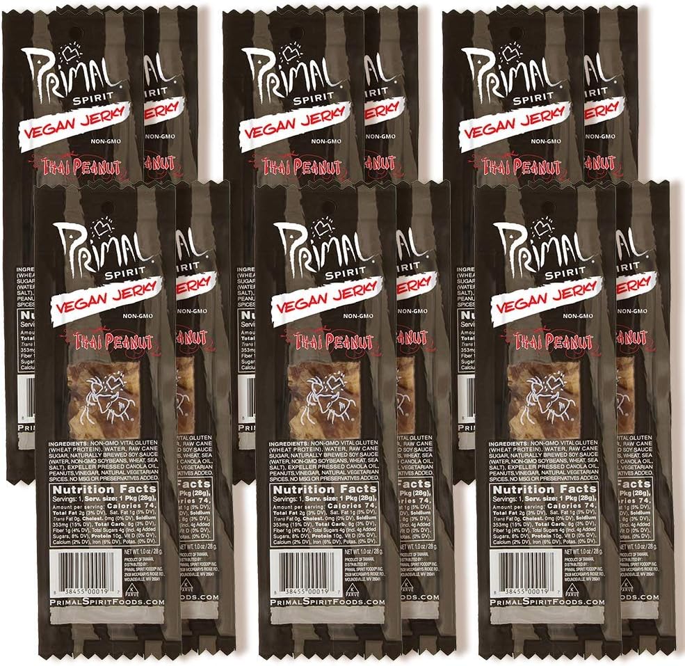 Primal Spirit Vegan Jerky - Classic Flavor - Teriyaki, Plant Based Protein, Certified Non-GMO, No Preservatives (12 Pack, 1 oz)