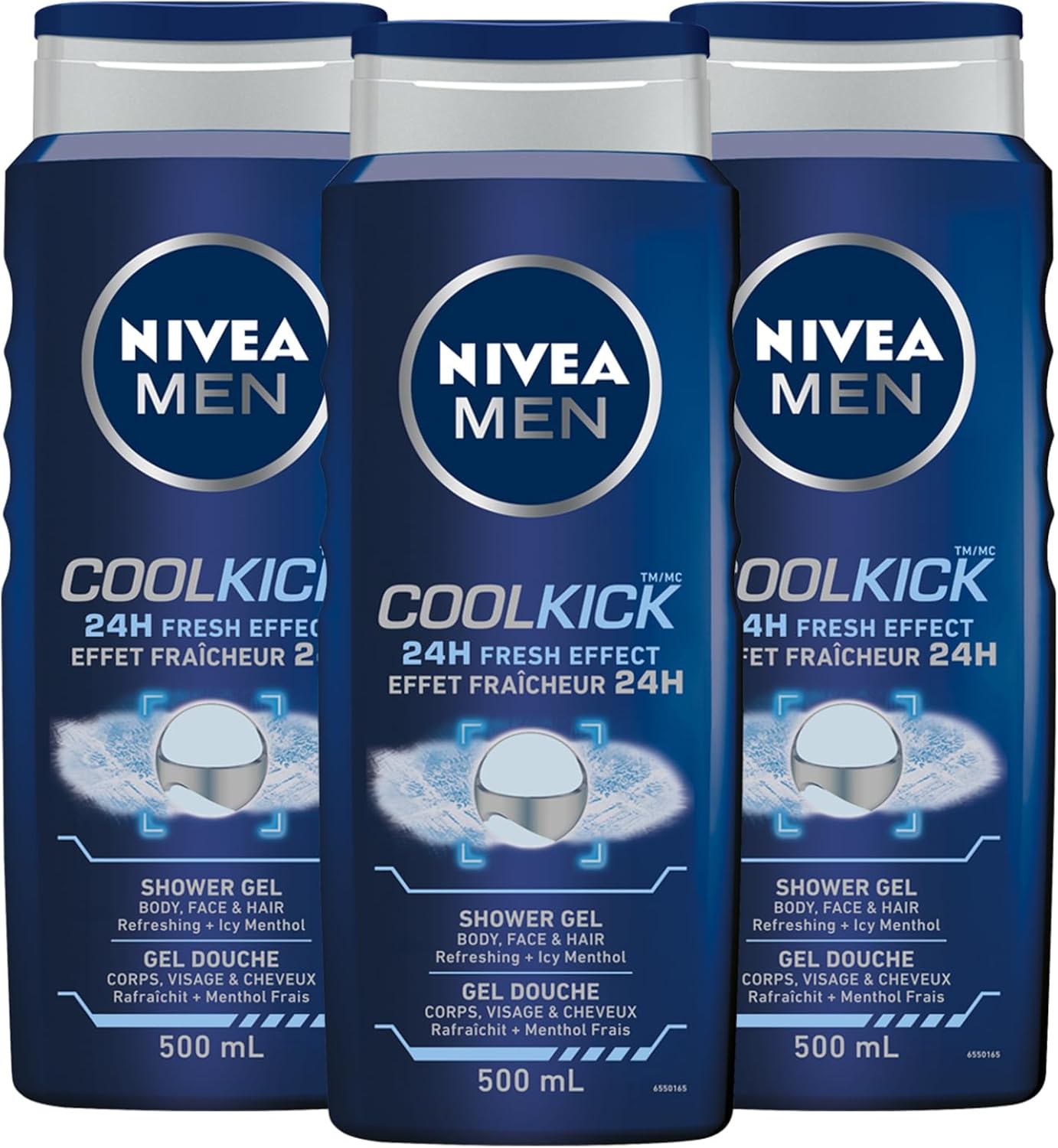 NIVEA MEN Cool Kick Body Wash | 3-in-1 Men Shower Gel (Body, Face & Hair), 3x500mL & MEN Active Lip Balm, (2 X 4.8g) | Made with Jojoba Oil & Shea Butter, 24H Hydration
