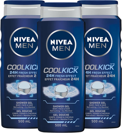 NIVEA MEN Cool Kick Body Wash | 3-in-1 Men Shower Gel (Body, Face & Hair), 3x500mL & MEN Active Lip Balm, (2 X 4.8g) | Made with Jojoba Oil & Shea Butter, 24H Hydration