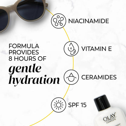 Olay Face Moisturizer, Complete with Sunscreen SPF 15, For Sensitive Skin, Fragrance Free, Daily Facial Lotion, Lightweight Hydrating Broad Spectrum Sun Protection - Vitamin C, E, and Niacinamide, 120 mL