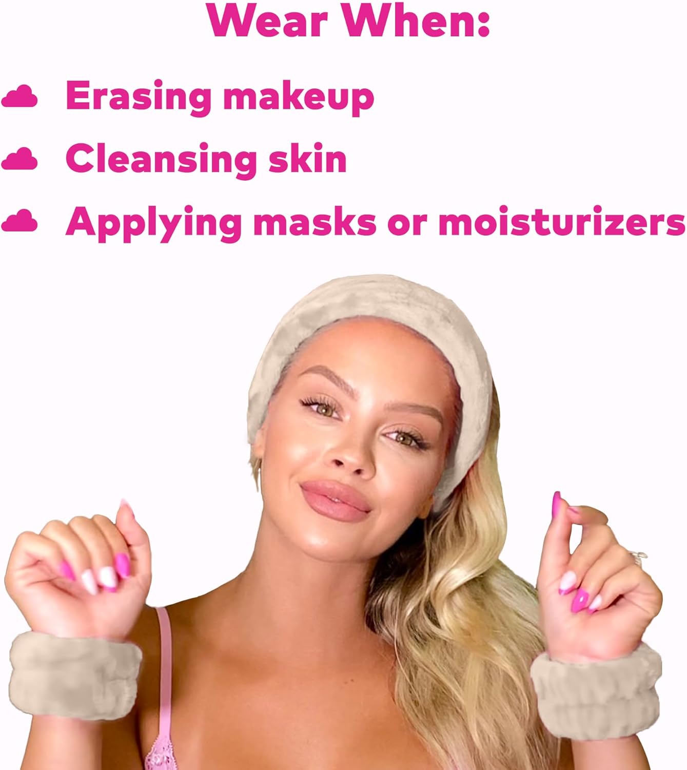 原廠 MakeUp Eraser 滴水橡皮擦、吸水頭帶和腕帶可在洗臉時收集水，3 件套 Spa 套裝，甜霜，均碼，適合大多數人