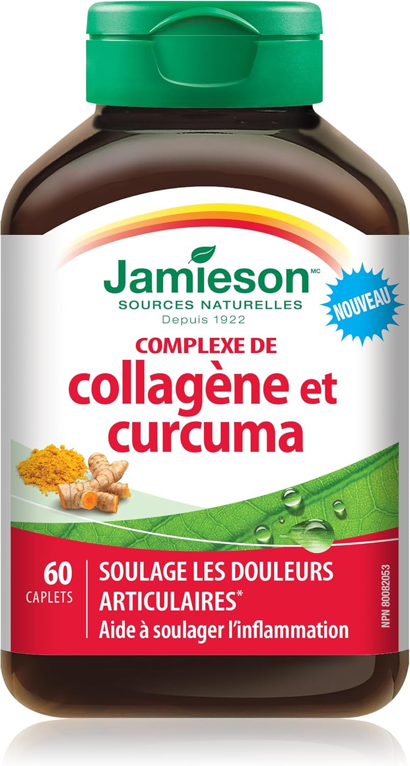 Jamieson 膠原蛋白薑黃複合物，含 600 毫克膠原蛋白，具有抗發炎作用，緩解關節疼痛，促進消化。不含麩質，不含人工色素、香精或防腐劑，60 粒膠囊，加拿大製造