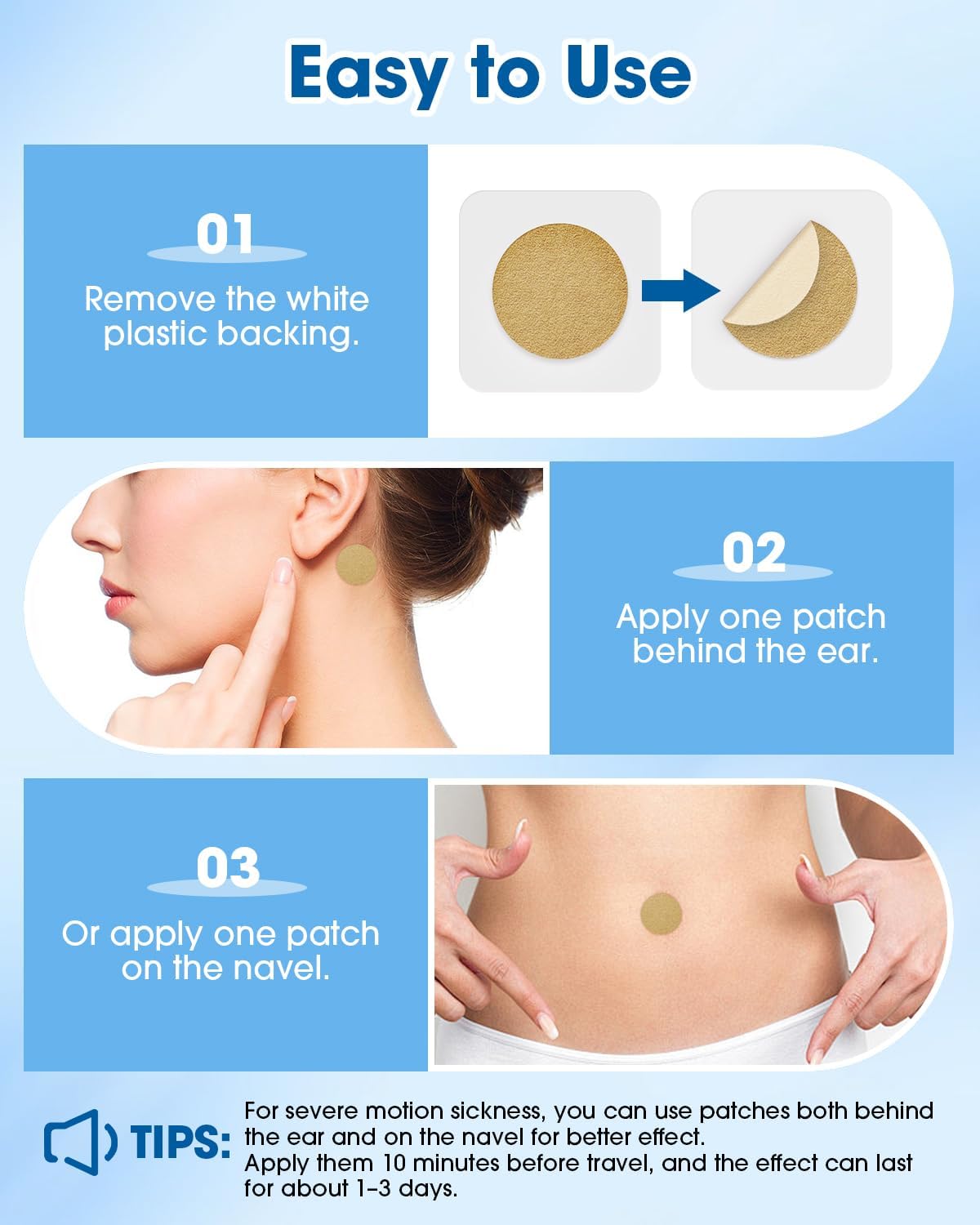 MYMULIKE 36 片暈車貼，不瞌睡暈船貼，適用於遊輪、飛機和其他交通工具 - 旅行必備，快速起效，72 小時持久