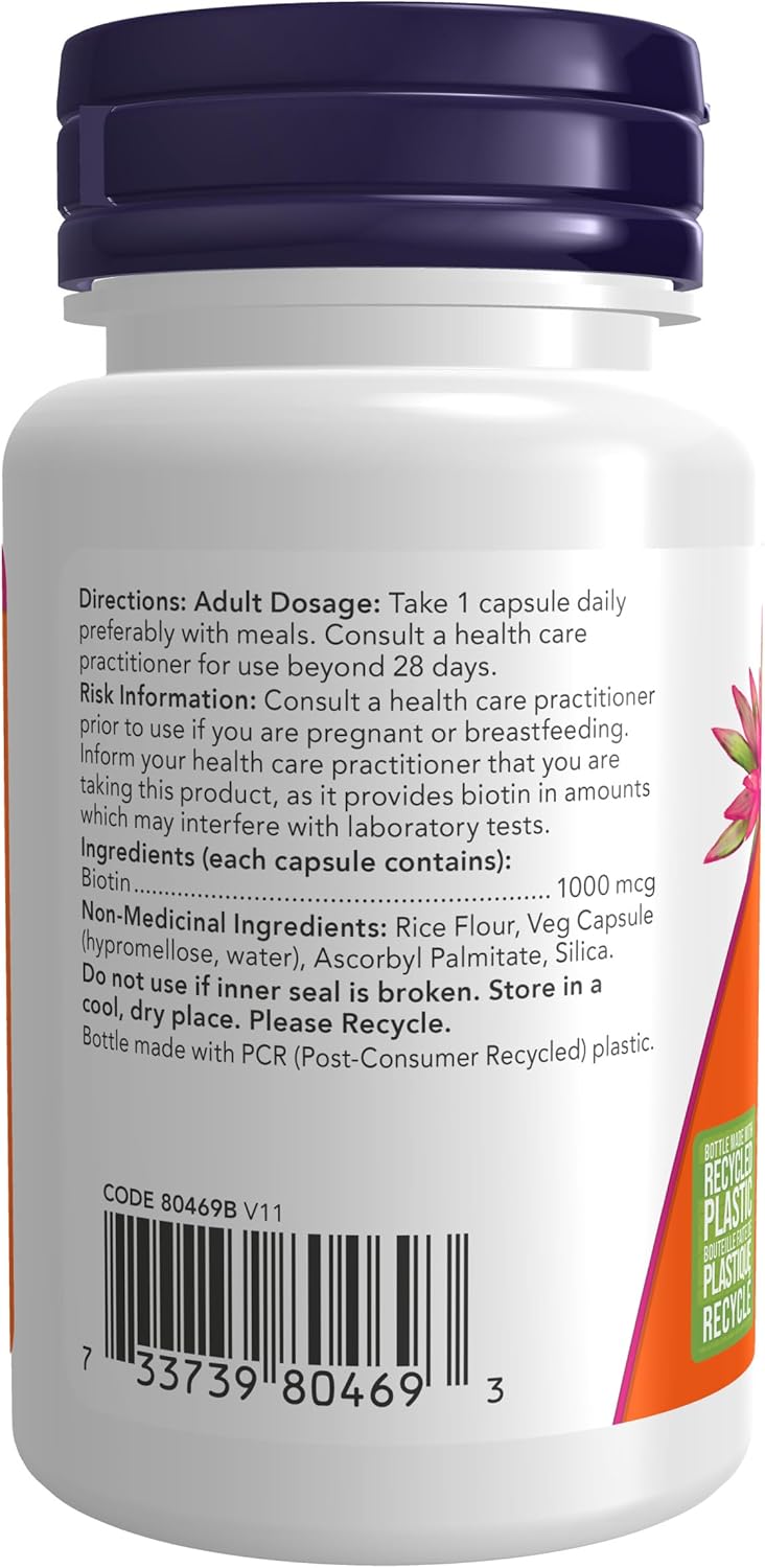 NOW Supplements，生物素 1,000 微克，氨基酸代谢，能量产生，100 粒胶囊