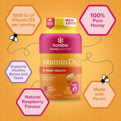 Honibe 維生素 D 軟糖，適合兒童和成人 | 加拿大製造的蜂蜜維生素 | 維生素 D3 有助於支持骨骼健康、情緒和免疫系統功能 | 素食咀嚼維生素 D 補充劑 | 70 粒軟糖