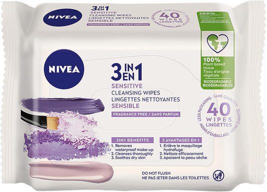 NIVEA 3-in-1 Biodegradable Face Cleansing & Makeup Removing Wipes for Sensitive Skin, 40 Wipes