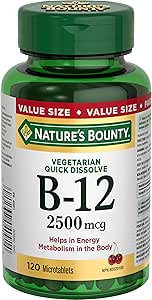 NATURE'S BOUNTY Vitamin B-12 Supplement, 2500 mcg, Quick Dissolve Tablets, Natural Cherry Flavour, Helps In Energy Metabolism, Essential In Normal Formation Of Blood Cells, 120 Tablets, 42 g