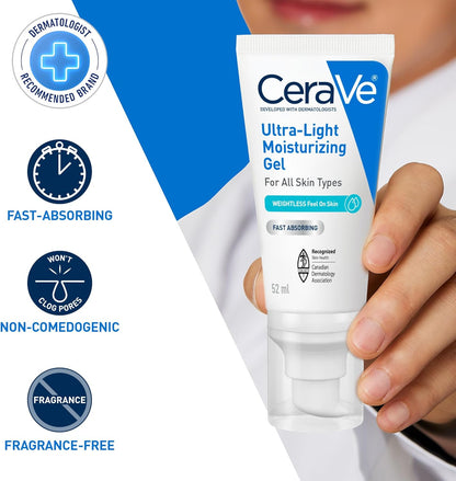 CeraVe Ultra-Light Moisturizing Gel Cream, Lightweight Face Moisturizer with Ceramides, Niacinamide & Hyaluronic Acid. Oil Free, Fast Absorbing and Fragrance-Free, Dermatologist Recommended, 52 mL