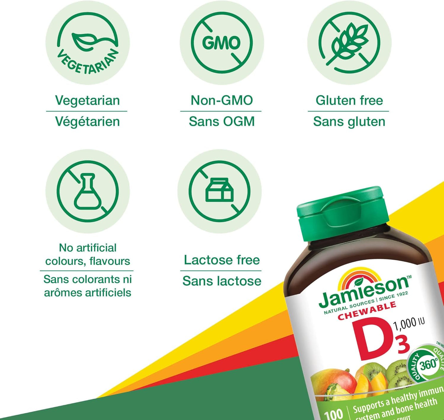Jamieson 咀嚼维生素 D3 1000 国际单位，热带水果口味，支持免疫健康，强健骨骼和牙齿。素食，非转基因，无麸质，无人工香料和色素，100 粒，加拿大制造