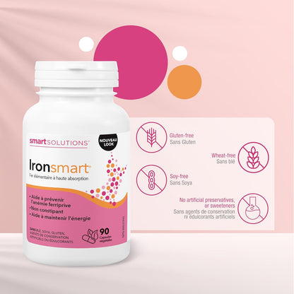 Smart Solutions Ironsmart 素食膠囊，有助於預防缺鐵性貧血，並保持活力。高吸收率元素鐵，不引起便秘，無麩質，90粒裝。