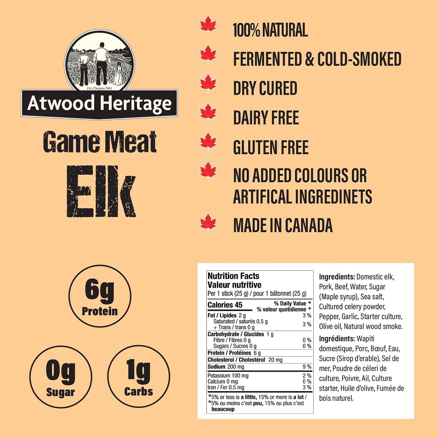 Atwood Heritage 麋鹿、豬肉和牛肉零食棒，5 根，125 克，高蛋白，無麩質，無硝酸鹽，加拿大製造