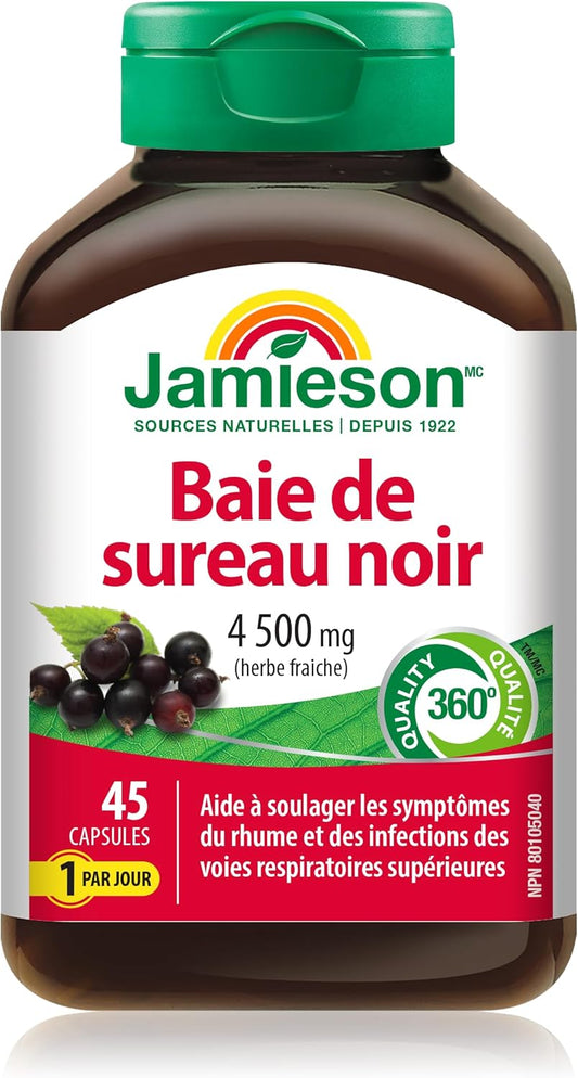 Jamieson Black Elderberry 4,500 mg Vegetarian Capsules, Provides Relief from Cold and Flu, and Relieves Symptoms Like Fever, Cough, and Sore Throat. Non-GMO, Gluten-Free, 45 Count, Proudly Canadian