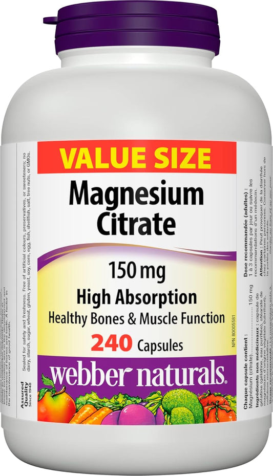 Webber Naturals Magnesium Citrate 150 mg, 240 Capsules, High Absorption Mineral, Supports Bone and Muscle Functions, Gluten Free, Non-GMO & Zinc Citrate 50 mg, 180 Tablets