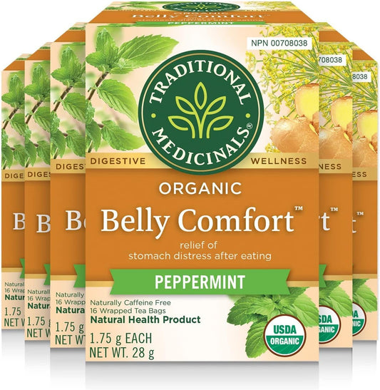 Traditional Medicinals - 有机舒腹薄荷草本茶（6 包）- 含生姜、茴香和柠檬香脂，有助于消化 - 共 96 个茶包