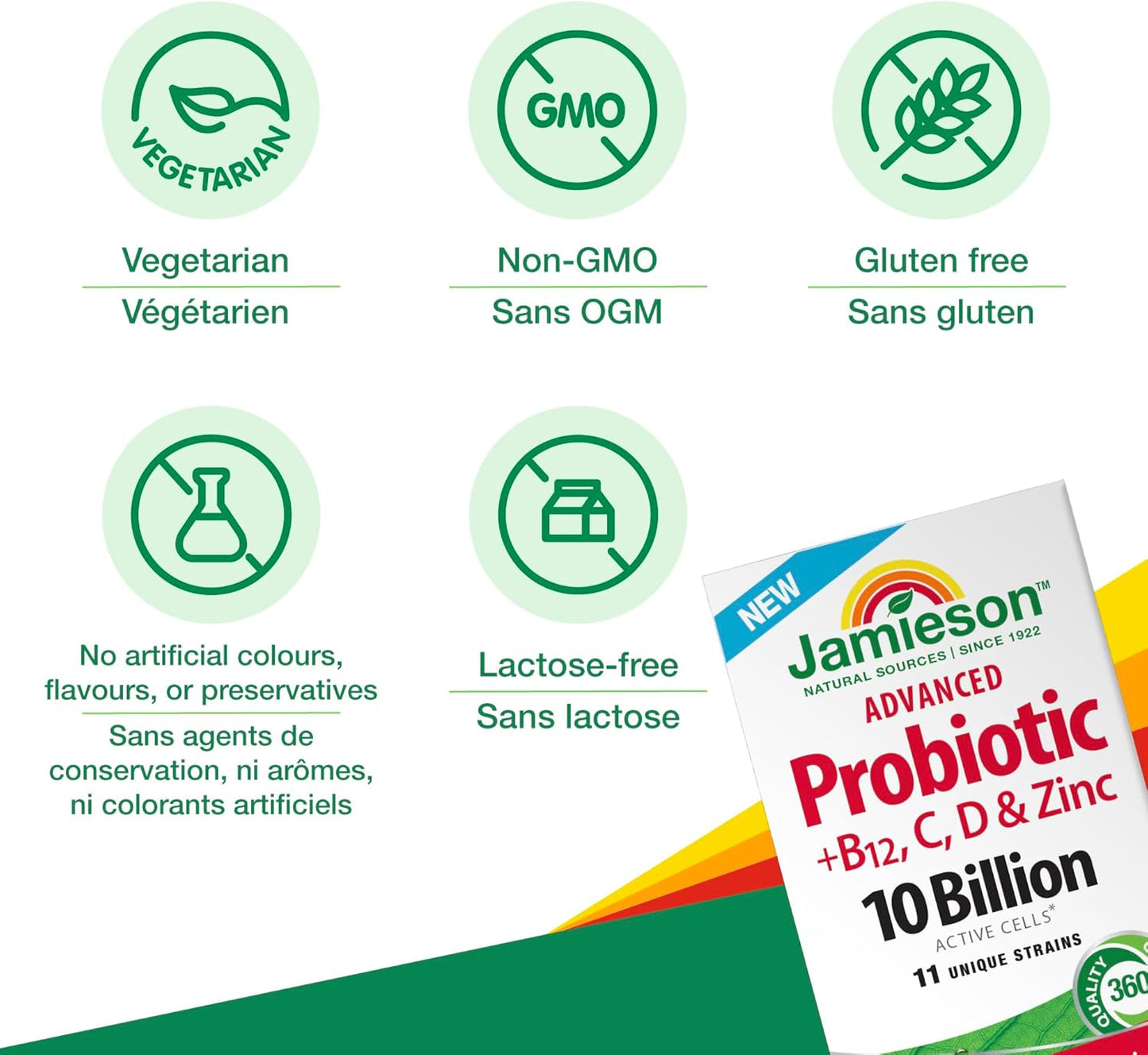 Jamieson Advanced Probiotic 10 Billion Active Cells + Vitamin C, D3, B12, and Zinc. Supports Digestive and Immune Health, Naturally Energizing, and Source of Antioxidants, Non-GMO, Gluten-Free, 30 Vegetarian Capsules