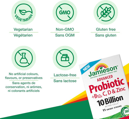 Jamieson Advanced Probiotic 10 Billion Active Cells + Vitamin C, D3, B12, and Zinc. Supports Digestive and Immune Health, Naturally Energizing, and Source of Antioxidants, Non-GMO, Gluten-Free, 30 Vegetarian Capsules
