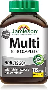 Jamieson 100% 複合維生素，適合 50 歲以上成人，含番茄紅素、葉黃素和更多鈣。支持免疫力、能量、整體健康、眼部護理和骨骼健康，無麩質，每日一片，115 粒膠囊