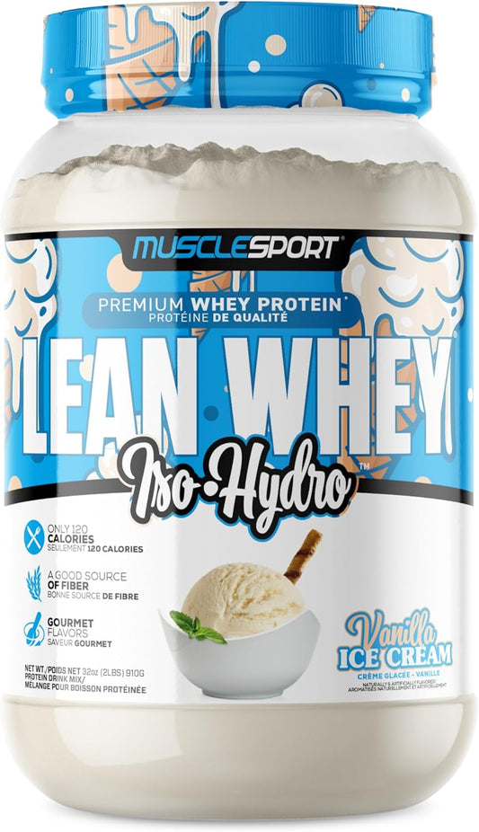 MuscleSport Lean Whey Protein Powder - Whey Protein Isolate - Low Calorie, Low Carb, Low Fat, Incredible Flavors - 25g Protein per Scoop - 2lb Vanilla Ice Cream