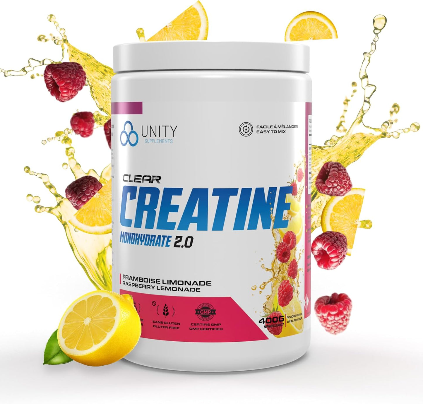 Unity Supplements 調味肌酸一水合物粉 - 促進肌肉生長、恢復、力量和性能 - 5 克純肌酸 - 60 份（400 克） - 易混合配方（覆盆子檸檬水）