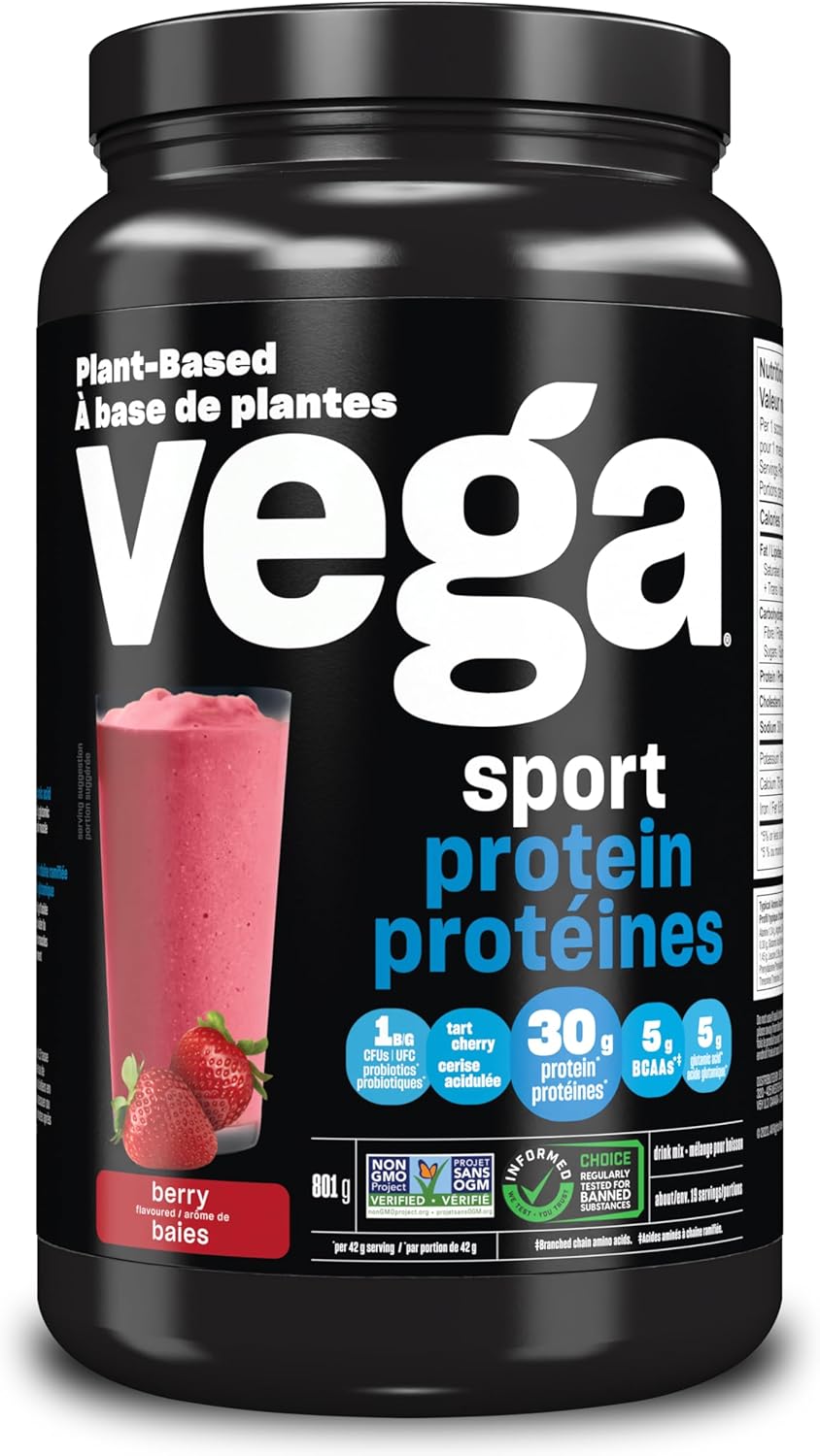Vega Sport Protein 素食蛋白粉，浆果味（19 份）支链氨基酸和运动后恢复加速剂，热带风味（20 份）素食、非乳制品、无麸质、支链氨基酸，540 克（包装可能有所不同）