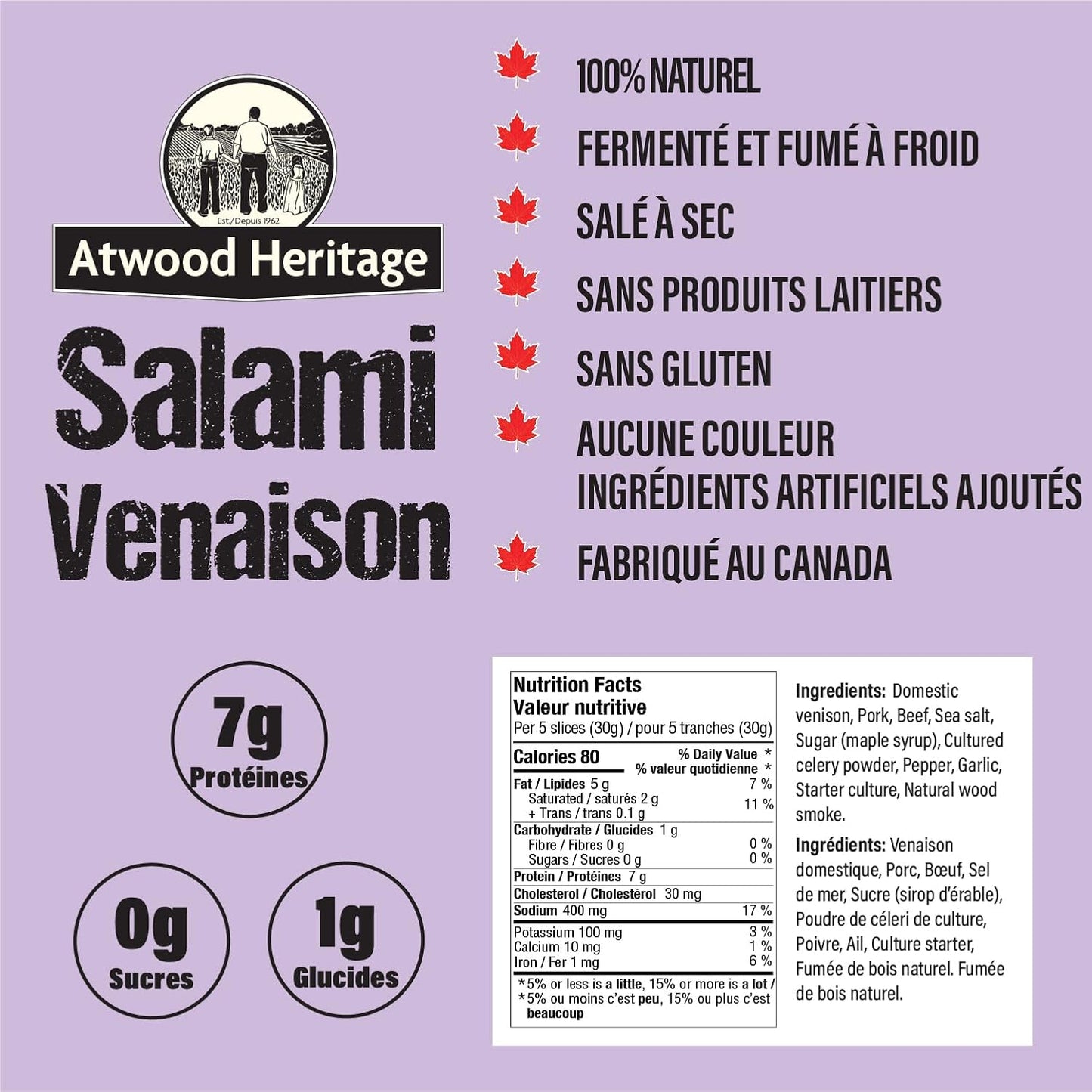 Atwood Heritage 鹿肉、豬肉和牛肉切片薩拉米香腸，125克，高蛋白，無麩質，無硝酸鹽，加拿大製造