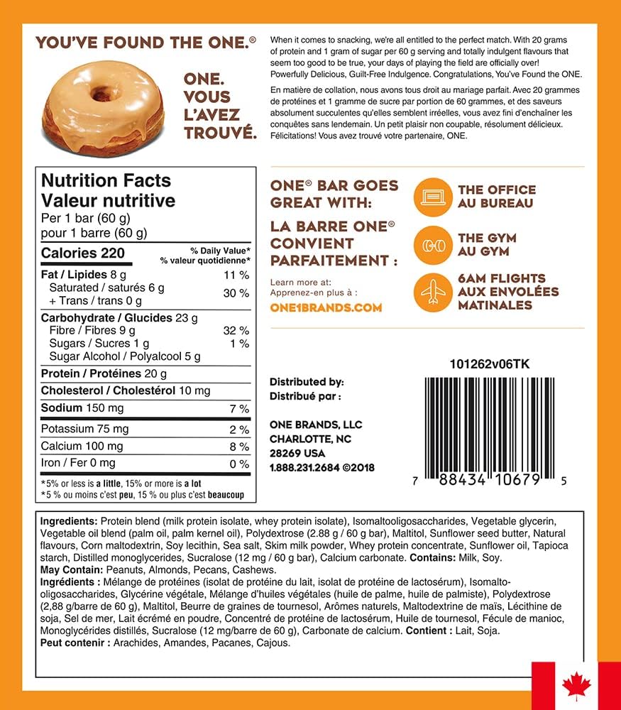 ONE 蛋白棒，枫糖釉面甜甜圈，无麸质蛋白棒，含 20 克蛋白质，仅含 1 克糖，适合高蛋白饮食的零食，60 克（12 包）[包装可能有所不同]