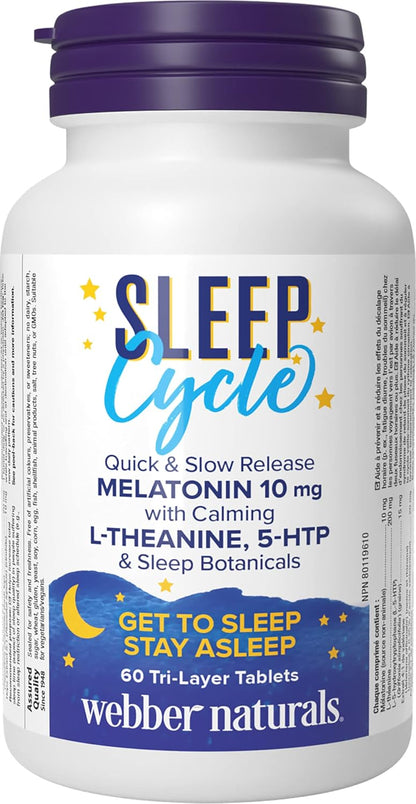 Webber Naturals 睡眠周期褪黑激素，含 L-茶氨酸、5-HTP 和睡眠植物成分，60 片三层片剂，有助于睡眠，纯素