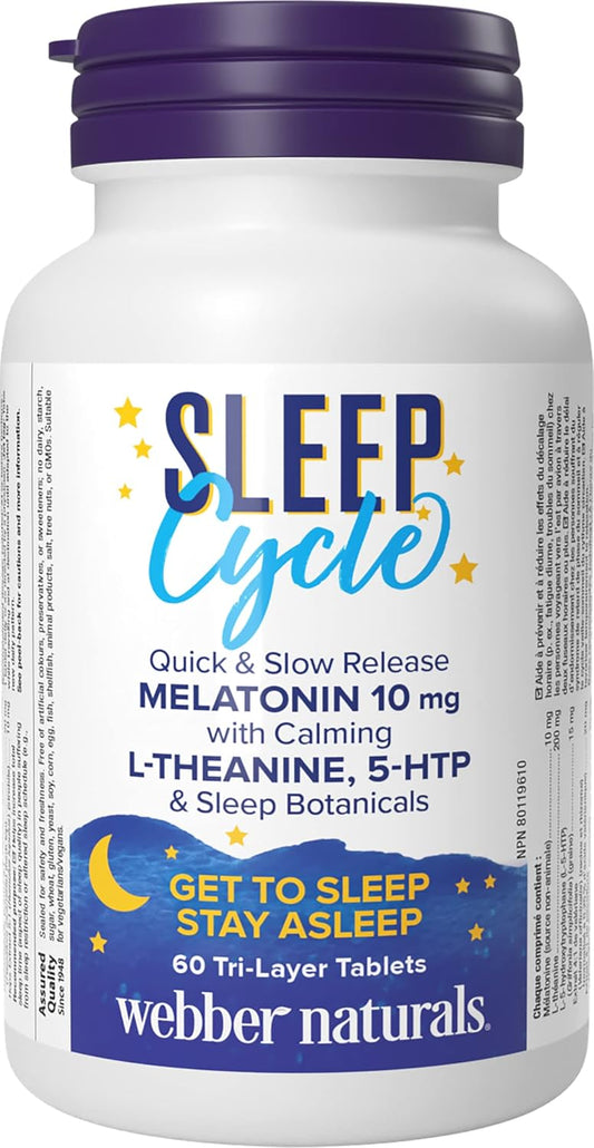 Webber Naturals Sleep Cycle Melatonin with L-Theanine, 5-HTP & Sleep Botanicals, 60 Tri-Layer Tablets, For Sleep Support, Vegan