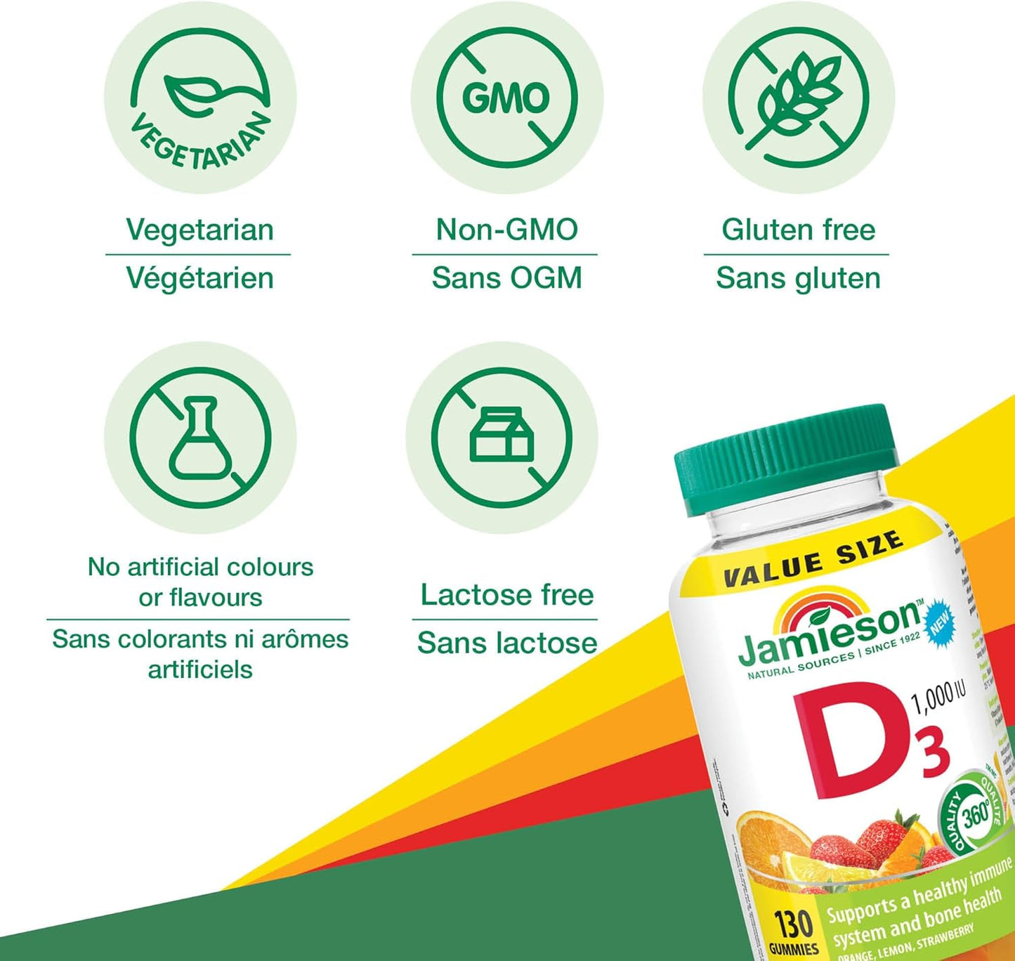 Jamieson 维生素 D3 1,000 IU 软糖，橙子、柠檬和草莓口味，支持免疫健康，强健骨骼和牙齿。素食，非转基因，无麸质，无人工香料或色素，130 粒，加拿大制造