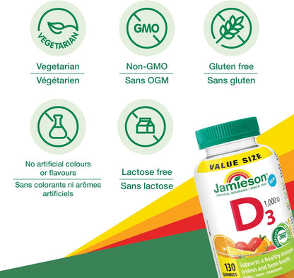 Jamieson 维生素 D3 1,000 IU 软糖，橙子、柠檬和草莓口味，支持免疫健康，强健骨骼和牙齿。素食，非转基因，无麸质，无人工香料或色素，130 粒，加拿大制造