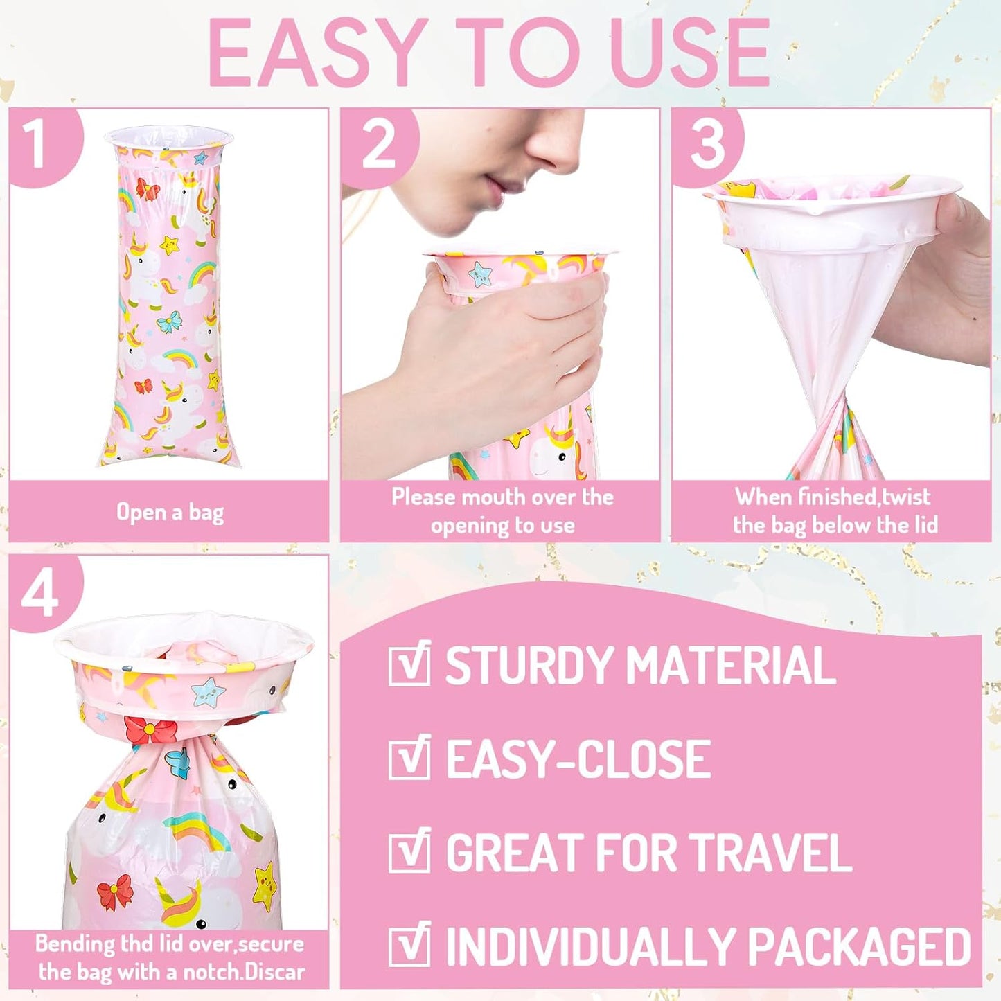 JarThenaAMCS 50Pcs Kids Vomit Bags Disposable Cartoon Emesis Bags Leak Proof Self Sealing Barf Bags Portable Throw Up Bag for Motion Car Air Sea Sickness Nausea Travel