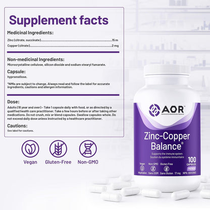AOR - 锌铜平衡胶囊 100 粒，100 天供应量 - 两种关键矿物质的均衡比例，有益于整体健康 - 柠檬酸锌和铜补充剂 - 男士理想选择