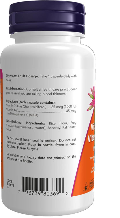 Now Foods 维生素 D-3 1,000 IU 和 K2 45 微克 120 粒胶囊和 C-1000，含 100 毫克生物类黄酮 100 粒胶囊