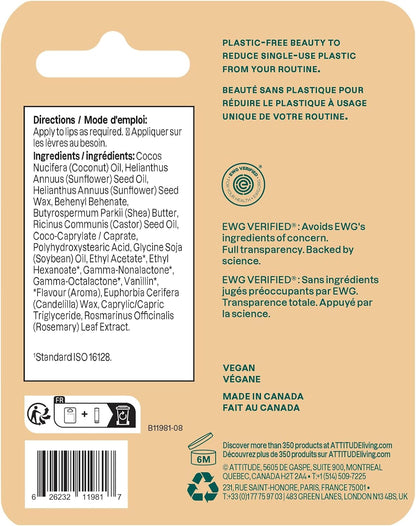 ATTITUDE 润唇膏，加拿大制造，天然来源，滋养和保护，乳木果油、椰子油和蓖麻油，经 EWG 认证，适用于干燥的嘴唇，男女皆宜，纯素，椰子，8.5 克