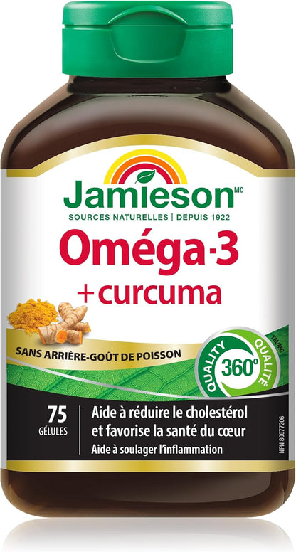Jamieson Omega-3 + 姜黄软胶囊，无鱼腥味，支持心脏、大脑和关节健康。鱼油，降低胆固醇，缓解炎症，富含EPA和DHA，无麸质，75粒装，加拿大制造
